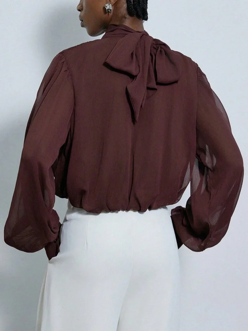Rusty Rose Elegant Women's Tie Neck Detail Mock Neck Blouse - Picture 2 of 5